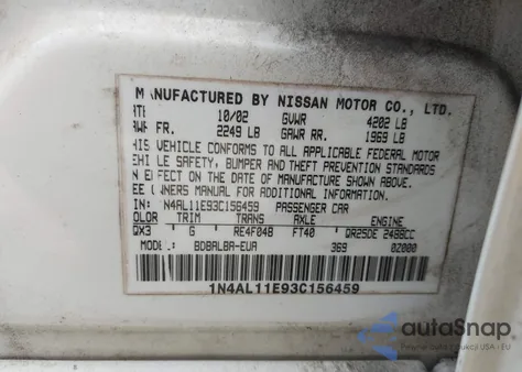 2003 Nissan Altima 2.5 S from USA, damaged, VIN 1N4AL11E93C156459